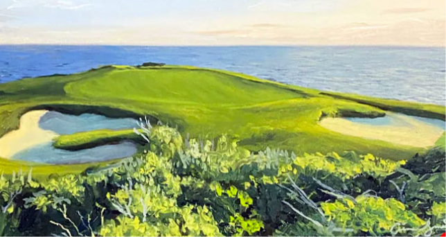 No. 7 at Pebble Beach, 12" x 6.5" oil on board, original