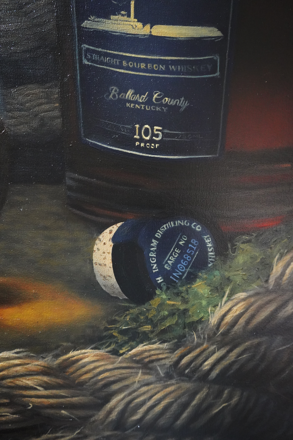 "On the River" Whiskey Still Life Painting, 36" x 48" oil on canvas